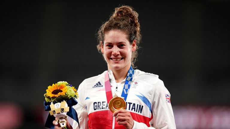 Great Britain&#39;s Kate French after winning a gold medal