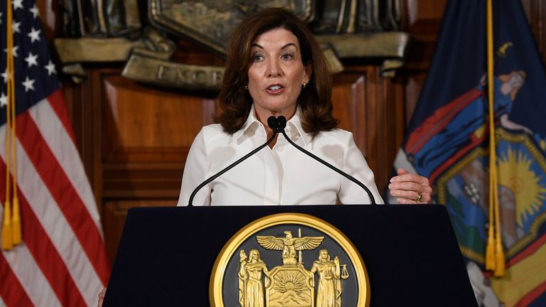 New York Gov. Kathy Hochul speaks to reporters after a ceremonial swearing-in ceremony at the state Capitol,  Tuesday, Aug. 24, 2021, in Albany, N.Y. (AP Photo/Hans Pennink)..