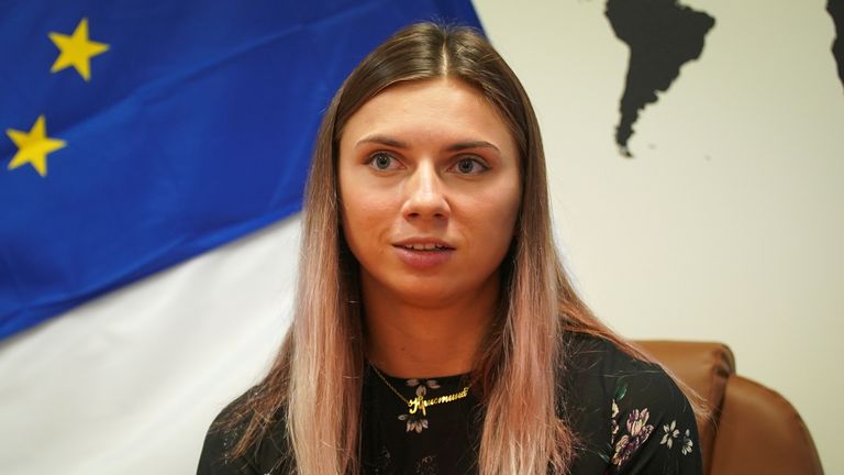Belarusian sprinter Krystsina Tsimanouskaya, who left the Olympic Games in Tokyo and seeks asylum in Poland, attends an interview with Reuters in Warsaw, Poland August 5, 2021. REUTERS/Darek Golik NO RESALES. NO ARCHIVES