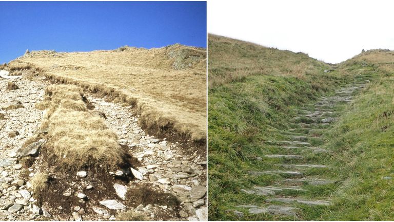 Undated handout photo issued by Fix the Fells of the before and after pictures of Garburn Fell in Windermere