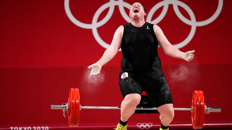 The 43-year-old reacts after dropping the barbell in a lift