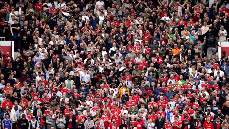 A general view of fans in the stands ahead of the Premier League match at Old Trafford, Manchester. Picture date: Saturday August 14, 2021.
