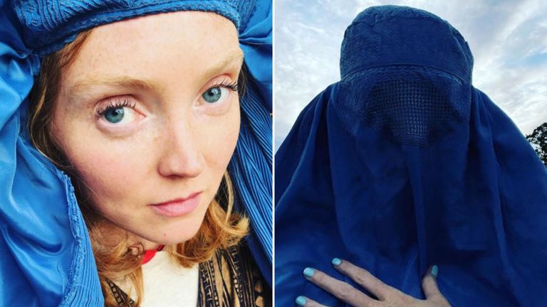 Lily Cole has been criticised for sharing photos of herself wearing a burqa to promote her book on climate change. Pics: @lilycole