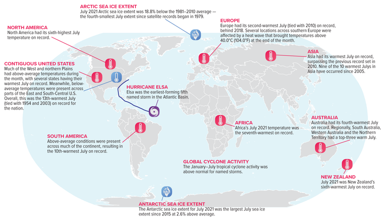 A map of the world plotted with some of the most significant climate events that occurred during July 2021. Please see the story below as well as more details in the report summary from NOAA NCEI at http://bit.ly/Global202107. (NOAA NCEI)
