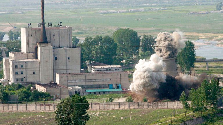 The Yongbyon nuclear complex is pictured as its cooling tower is demolished in 2008. Pic: AP