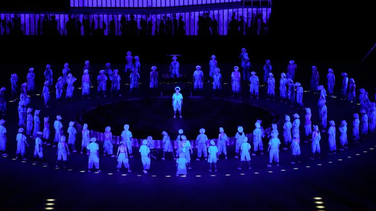 Performers during the opening ceremony for the 2020 Paralympics at the National Stadium in Tokyo. Pic: AP