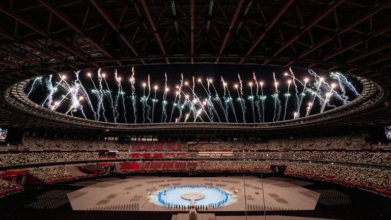 Fireworks going off at the Olympic Stadium during the opening ceremony of the Tokyo 2020 Paralympic Games