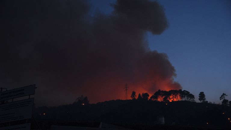 Smoke rises during  a wildfire near Lampiri village, west of Patras, Greece, Saturday, Jul. 31, 2021. Pic: AP