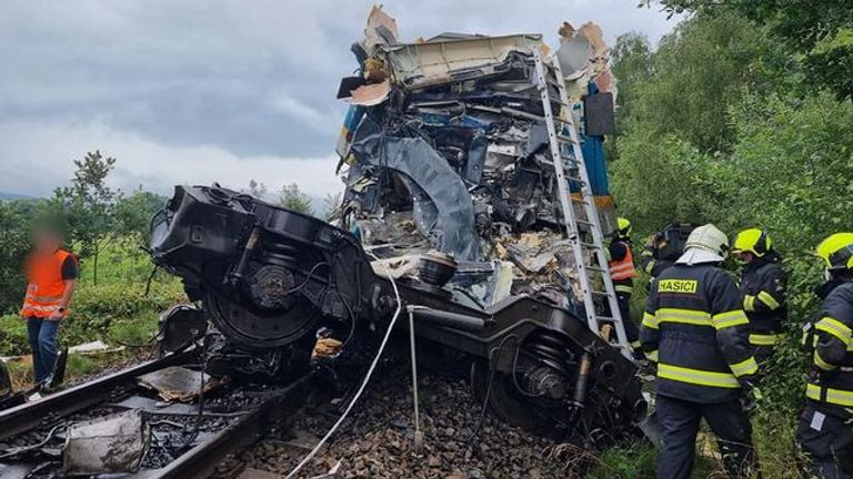 Emergency services at the scene following the fatal rail collision. Pic: Plzen Fire and Rescue