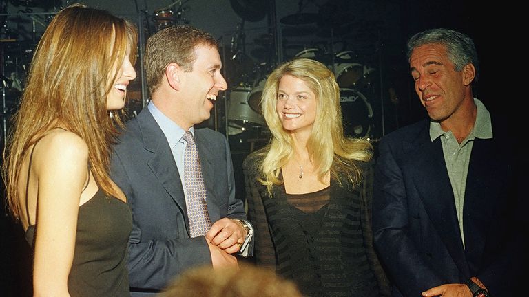 Melania Trump, Prince Andrew, Gwendolyn Beck and Jeffrey Epstein at a party at the Mar-a-Lago club, Palm Beach, Florida, February 12, 2000. (Photo by Davidoff Studios/Getty Images)