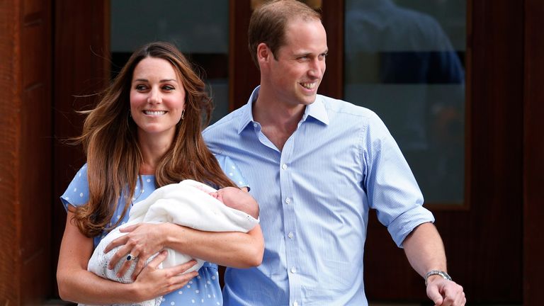 Prince William and Kate pictured with Prince George outside the Lindo Wing of St Mary&#39;s Hospital, in central London, following his birth in 2013
