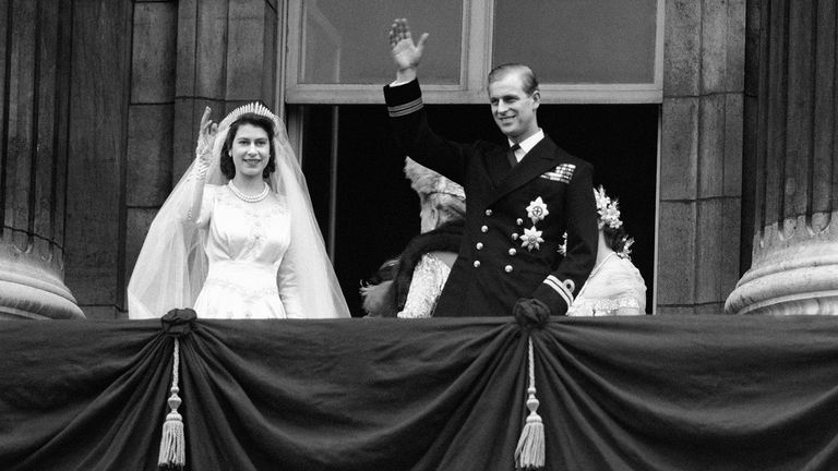 1947
The bride, Princess Elizabeth and groom, the newly created Duke of Edinburgh on the balcony of Buckingham Palace after they were married in a ceremony at Westminster Abbey.