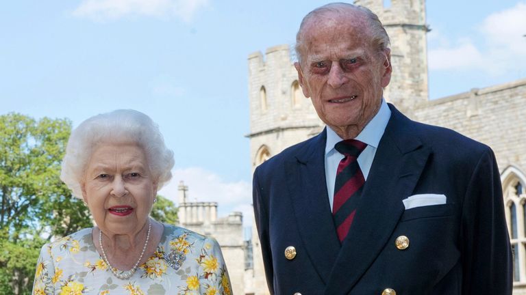 EMBARGOED: Not for publication or onward transmission before 2200 BST Tuesday June 9, 2020. Queen Elizabeth II and the Duke of Edinburgh pictured 1/6/2020 in the quadrangle of Windsor Castle ahead of his 99th birthday on Wednesday. PA Photo. Issue date: Tuesday June 9, 2020. The Queen is wearing an Angela Kelly dress with the Cullinan V diamond brooch. The Duke is wearing a Household Division tie. See PA story ROYAL Philip. Photo credit should read: Steve Parsons/PA Wire