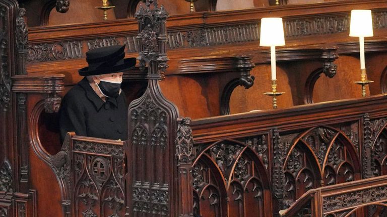 Pic: AP
Britain's Queen Elizabeth II sits alone in St. George's Chapel during the funeral of Prince Philip, the man who had been by her side for 73 years, at Windsor Castle, Windsor, England, Saturday April 17, 2021. Prince Philip died April 9 at the age of 99 after 73 years of marriage to Britain's Queen Elizabeth II. (Jonathan Brady/Pool via AP)