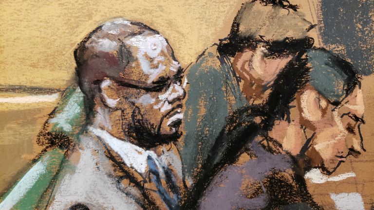 R Kelly pictured in a courtroom sketch attending Brooklyn&#39;s Federal District Court during the start of his trial in New York