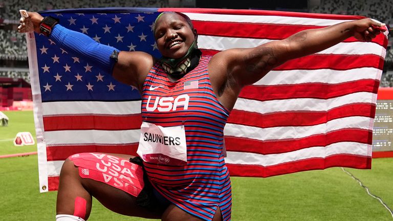 Raven Saunders, posed with the US flag after finishing second