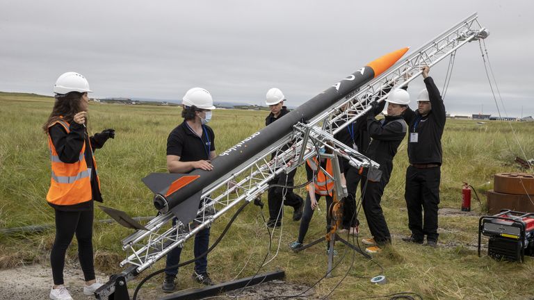 Handout photo of a rocket, named ADA, being prepared for launch from Benbecula Airport in the Western Isles ahead of the planned opening of a spaceport. Spaceport 1 joined forces with East Anglian firm Gravitilab Aerospace Services to launch the flight test vehicle, named after Ada Lovelace, the 19th century English mathematician who is considered the world&#39;s first computer programmer. Issue date: Thursday August 26, 2021.