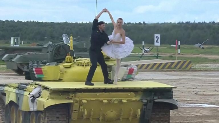 Russian ballet dancers perform on armor