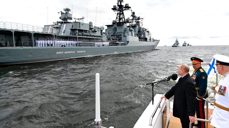 President Putin inspects warships during Russia's Navy Day parade in July Pic: AP 