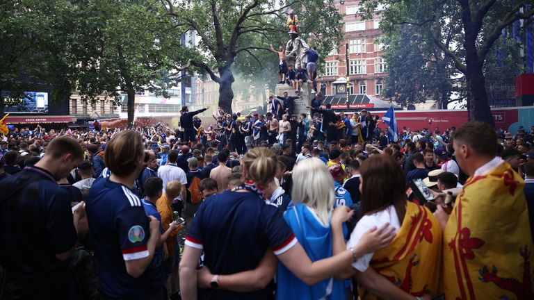 Scotland fans gathered in London's Leicester Square before their team's Euro match against England