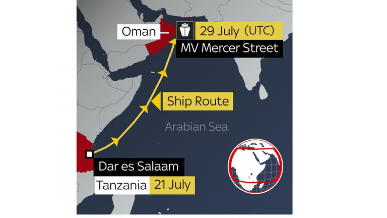 The MV Mercer Street left Dar es Salaam in Tanzania on July 21 and headed north east to the Gulf of Oman.