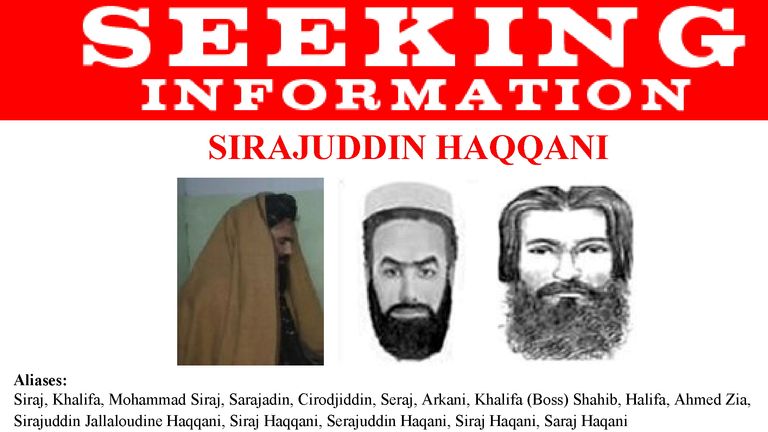 An FBI wanted poster for Sirajuddin Haqqani, head of the Haqqani network