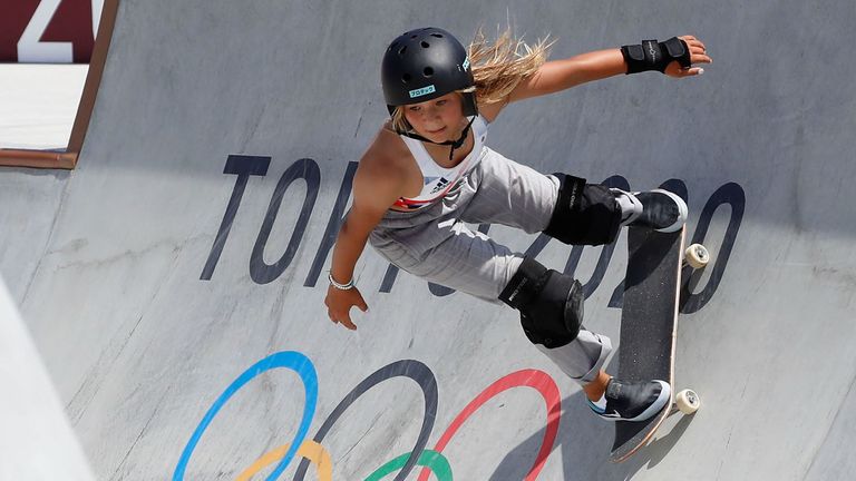 Sky Brown, 13, won bronze for Team GB in the first-ever women&#39;s park skateboarding event at the Olympics. Pic: AP
