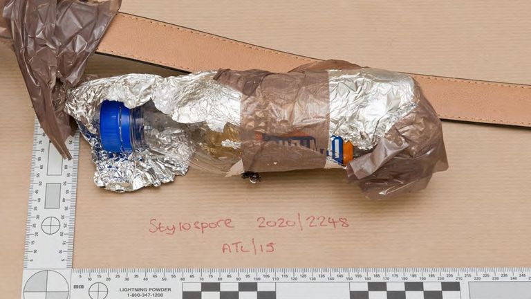 Amman was wearing a fake suicide vest make of Iron Bru bottles, foil and packing tape. Pic: Gardham/Met Police