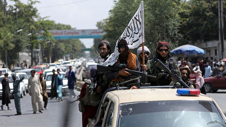 Taliban fighters patrol in Kabul, Afghanistan, Thursday, Aug. 19, 2021. The Taliban celebrated Afghanistan&#39;s Independence Day on Thursday by declaring they beat the United States, but challenges to their rule ranging from running a country severely short on cash and bureaucrats to potentially facing an armed opposition began to emerge. (AP Photo/Rahmat Gul)