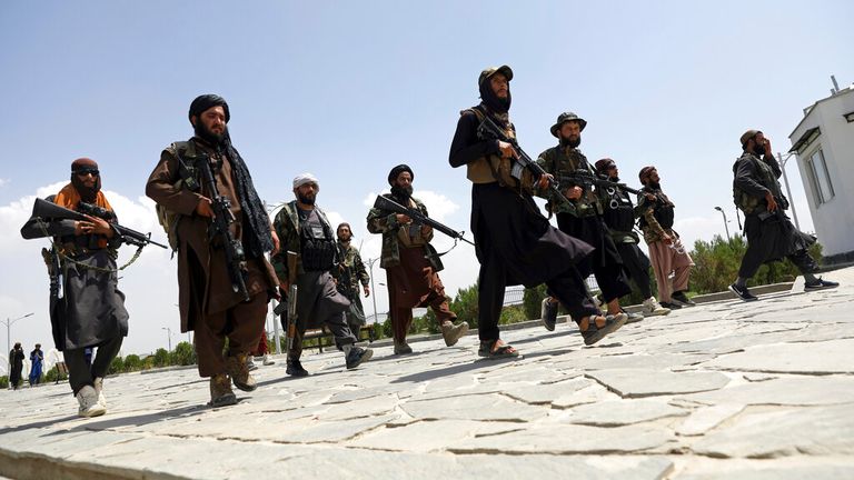 Taliban fighters patrol Kabul on Thursday. Pic: AP