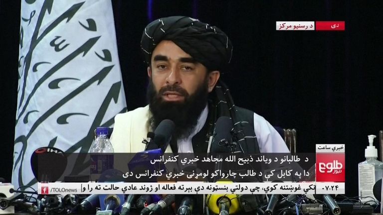 Taliban give first news conference in Kabul.