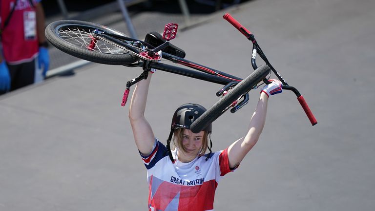 Great Britain&#39;s Charlotte Worthington on her way to winning a gold medal in the women&#39;s BMX freestyle at the Ariake Urban Sports Park on the ninth day of the Tokyo 