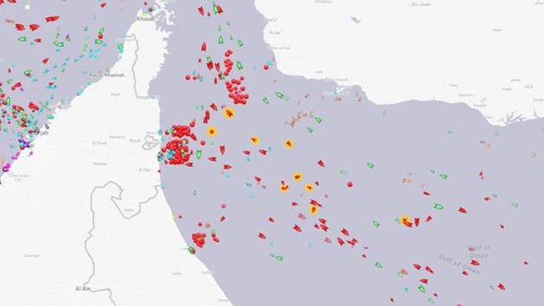 The affected vessels off the coast of the United Arab Emirates are highlighted in orange. Pic: MarineTraffic