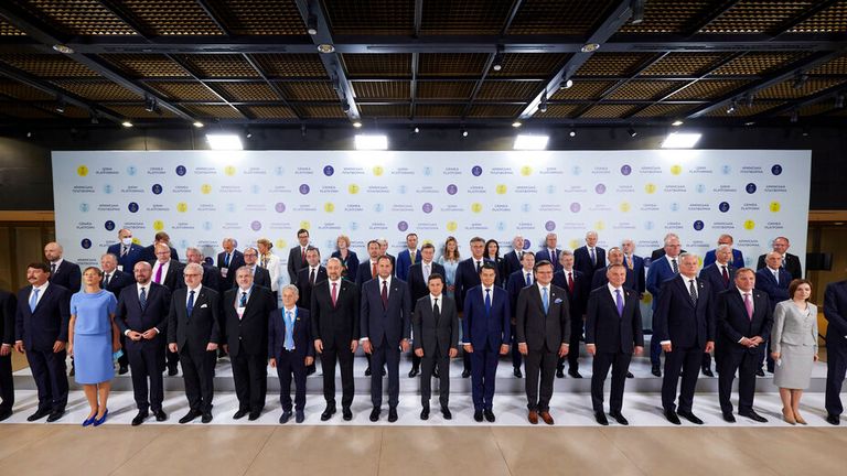 Ukrainian President Volodymyr Zelenskiy and other officials at the Crimea Platform summit Pic: AP 