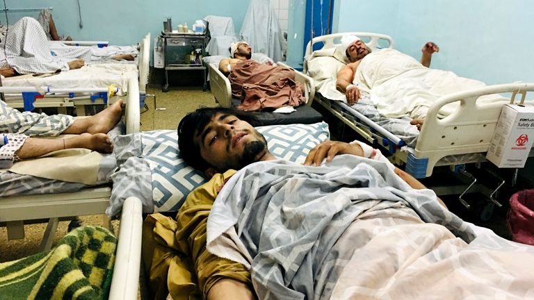 Wounded Afghans in hospital after the attacks at the airport in Kabul, Afghanistan Pic: AP