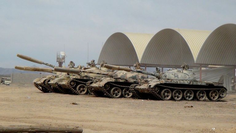 Tanks take positions at the al-Anad air base in the southern province of Lahej. Pic: AP