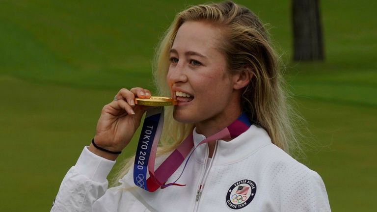 Nelly Korda celebrates winning golf gold for the USA at the Tokyo Olympics (AP)