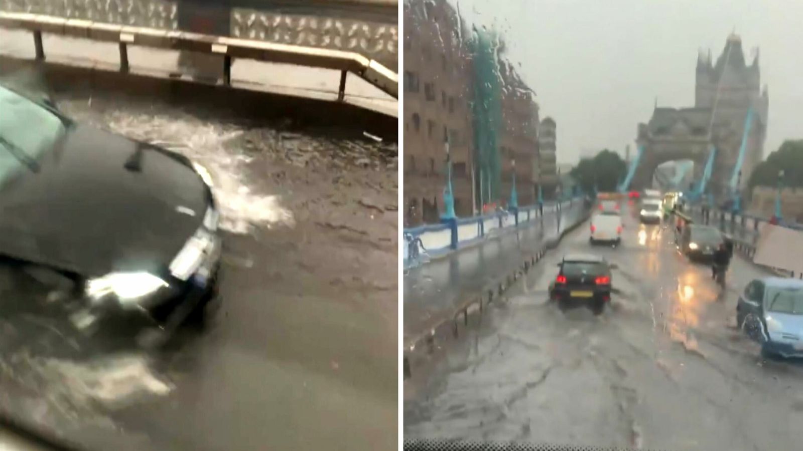 Tower Bridge: Heavy rain in London causes flooding on roads and tube ...