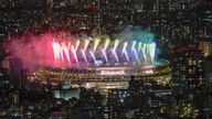 Fireworks illuminate over National Stadium viewed from Shibuya Sky observation deck during the closing ceremony for the 2020 Paralympics in Tokyo, Sunday, Sept. 5, 2021. (AP Photo/Kiichiro Sato)