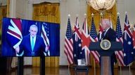 US President Joe Biden listens to Australian Prime Minister Scott Morrison as the alliance is announced. Pic: AP