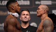 Britain&#39;s Anthony Joshua, left and Oleksandr Usyk of the Ukraine pose for the media during the weigh-in for their upcoming boxing match at the O2 Arena in London, Friday, Sept. 24, 2021. Pic: AP