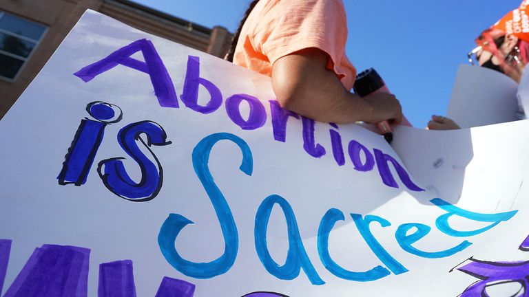 Abortion rights supporters gather to protest Texas SB 8 in front of Edinburg City Hall on Wednesday, Sept. 1, 2021, in Edinburg, Texas. The nation's most far-reaching curb on abortions since they were legalized a half-century ago took effect Wednesday in Texas, with the Supreme Court silent on an emergency appeal to put the law on hold.(Joel Martinez/The Monitor via AP)