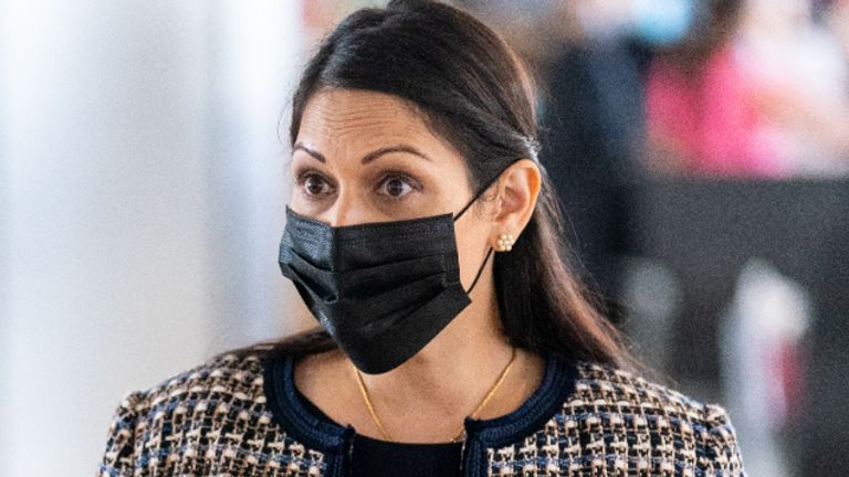 Embargoed to 1800 Thursday August 26 Home Secrutary Priti Patel speaks to the media during a visit to see refugees from Afghanistan arrive on a evacuation flight at Heathrow Airport, London. Picture date: Thursday August 26, 2021.