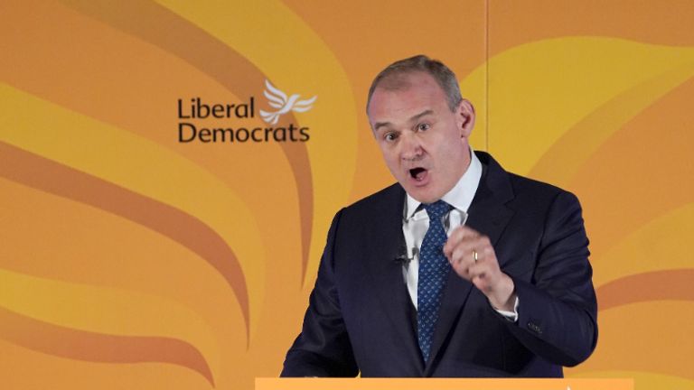 Liberal Democrat leader Sir Ed Davey giving his keynote address at One Canada Square in east London, to his his party's annual Lib Dem conference which is being held virtually this year. Picture date: Sunday September 19, 2021.