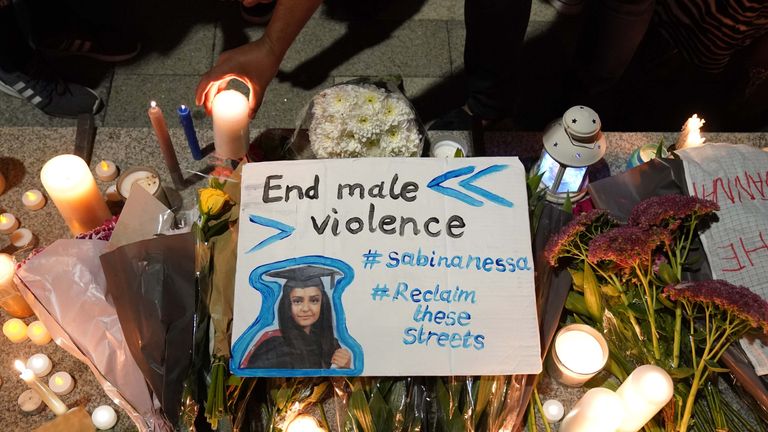 Members of the public attend a vigil in memory of Sabina Nessa, and in solidarity against violence against women, at Pegler Square in Kidbrooke, south London. The body of 28-year-old school teacher Sabina was found near the OneSpace community centre at Kidbrooke Park Road in the Royal Borough of Greenwich on Saturday. Picture date: Friday September 24, 2021.