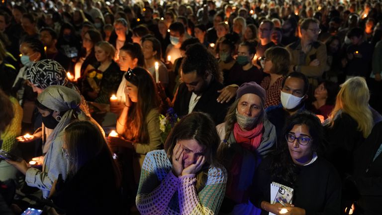 Members of the public attend a vigil in memory of Sabina Nessa, and in solidarity against violence against women, at Pegler Square in Kidbrooke, south London. The body of 28-year-old school teacher Sabina was found near the OneSpace community centre at Kidbrooke Park Road in the Royal Borough of Greenwich on Saturday. Picture date: Friday September 24, 2021.