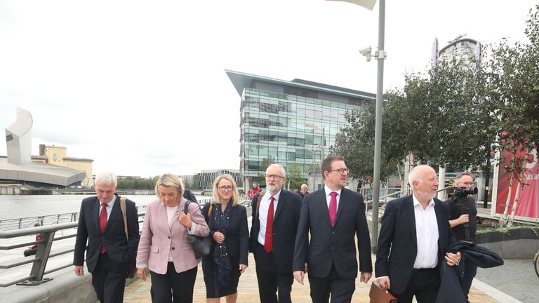 Labour leader Jeremy Corbyn (fourth left) walks with (left to right) shadow cabinet members chancellor John McDonnell, mental health and social care secretary Barbara Keeley, business secretary Rebecca Long-Bailey, communities secretary Andrew Gwynne and transport secretary Andy McDonald, during a walkabout at MediaCityUK in Salford prior to holding a shadow cabinet meeting.