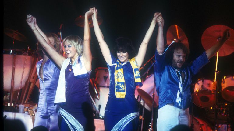 1979: Voulez-Vous had just been released and the group went on to tour it - here they are in Edmonton in those dashing blue outfits on the first night of a North America tour. Pic: Andre Csillag/Shutterstock