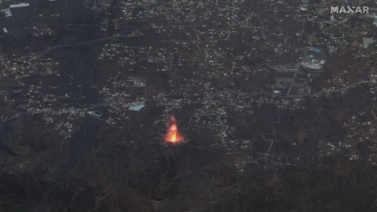 A satellite image shows an erupting volcano in the Cumbre Vieja National Park on the island of La Palma, Spain September 21, 2021 PIC: Maxar Technologies/REUTERS