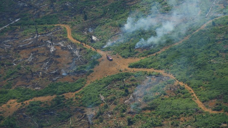 Smoke billows from a fire in this aerial view showing a deforested plot of the Amazon rainforest in Rondonia State, Brazil September 28, 2021. Picture taken September 28, 2021. REUTERS/Adriano Machado